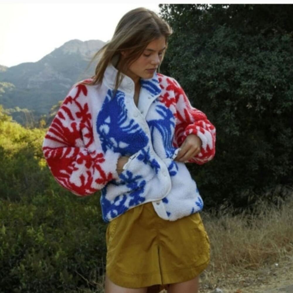 Free People Red White and Blue Floral Sherpa Jacket - Picture 7 of 16